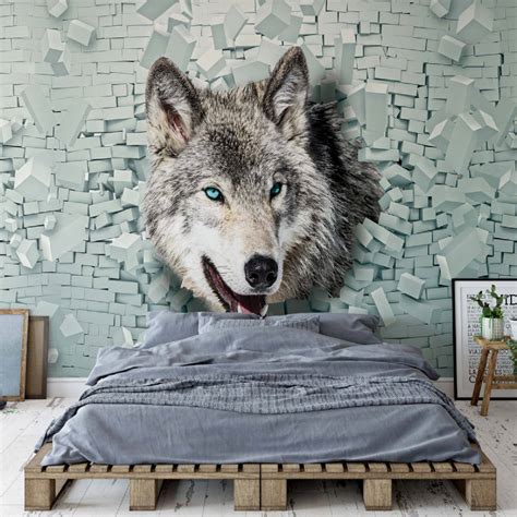 Wolf 3d Bursting Through Brick Wall Photo Wallpaper Mural 2941ve