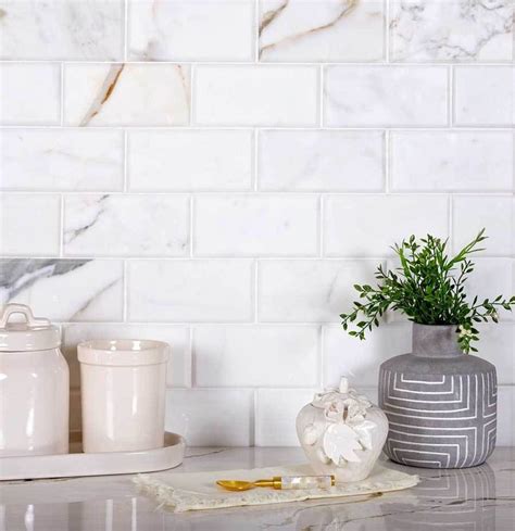 Calacatta Gold 3x6 Beveled Marble Tile White Tile Kitchen Backsplash