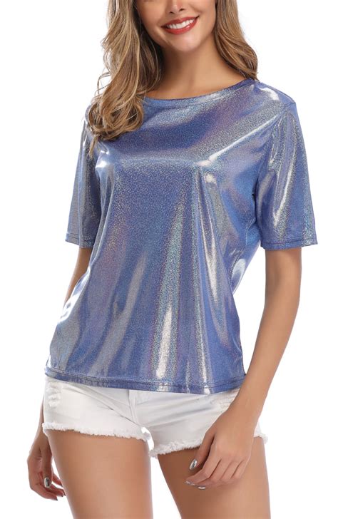 Miss Moly Miss Moly Womens Shiny Tops Holographic Metallic Shirt