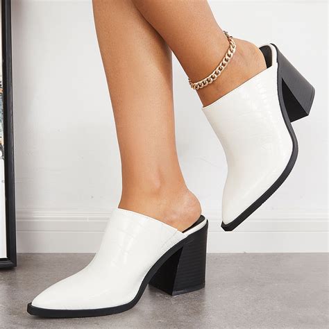 pointed toe slip on backless chunky heel mules shoes in 2022 heels heeled mules white mules