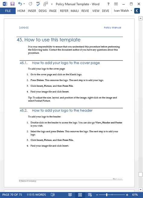 Policy Manual Template 68 Page Ms Word Free Checklists