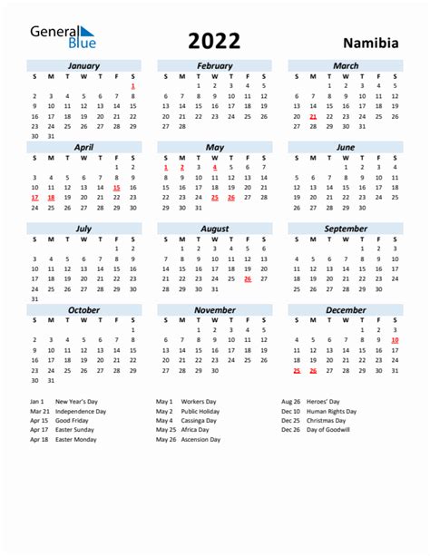 2022 Namibia Calendar With Holidays