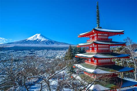 volcano Japan Fujiyoshida winter Mount Fuji panorama Japan Chureito ...