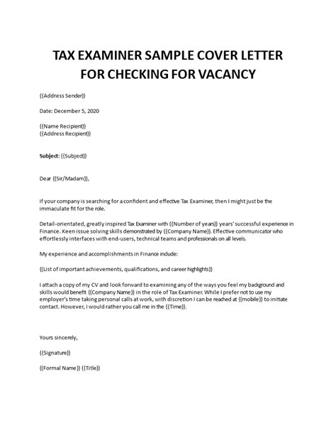The same format makes it easier to identify all the documents belonging to one application. Tax Examiner Cover letter