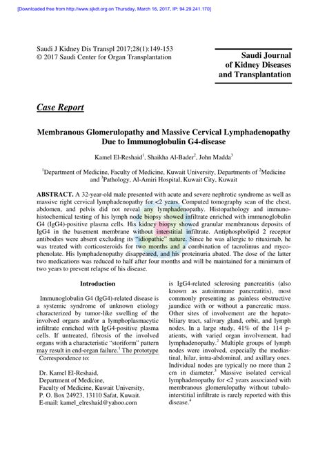 Pdf Membranous Glomerulopathy And Massive Cervical Lymphadenopathy