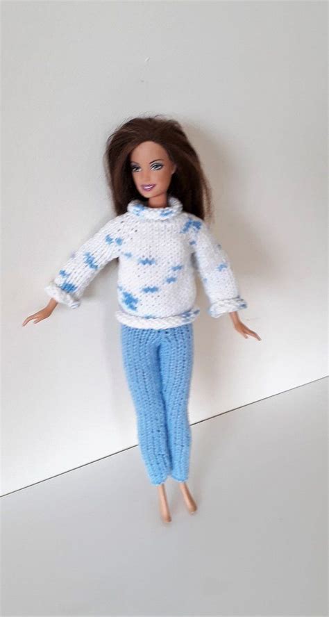 Blue Leggings And White Jumper For Barbie Ooak Hand Knitted Blue