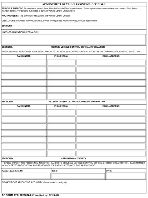 Af Form 172 Appointment Of Vehicle Control Officials Af Forms