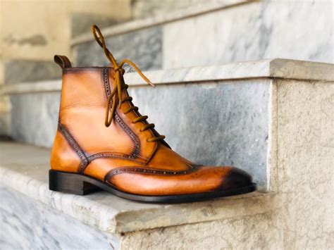 Handmade Mens Cognac Two Tone Boot Dress Brown Leather Wing Tip Chelsea Boots
