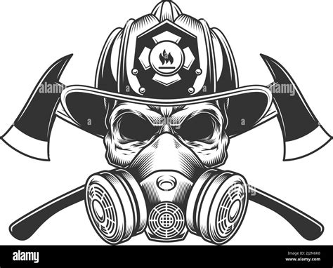 vintage monochrome firefighter skull in fireman helmet and gas mask with crossed axes isolated