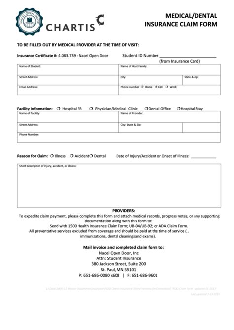 The customer has to provide necessary documents and original medical bills to the insurer at the time of claim filing. Chartis Medical/dental Insurance Claim Form printable pdf ...