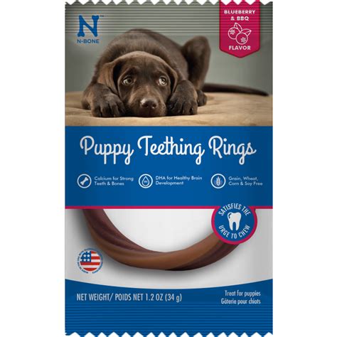 Formulated with dha and calcium to support your puppy's unique nutritional needs, our delicious chicken flavored rings are pliable and won't damage immature teeth. N-Bone Puppy Teething Ring GF Blueberry & BBQ Single 34g ...