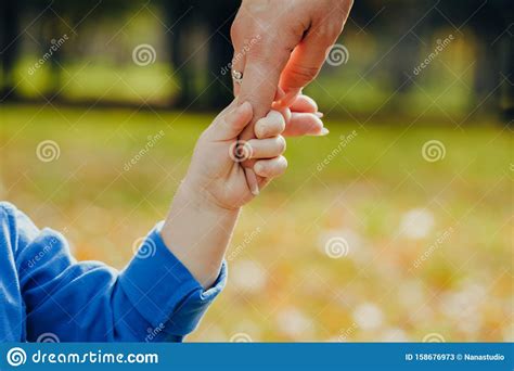 Little Boy With Mom Walks In The Autumn Park And Holds Mom S Hand