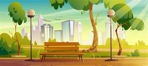 Free Vector City Park With Green Trees And Grass Wooden Bench