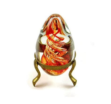 Vintage Paperweight Murano Art Glass Paper Weight Spiral Vintage Orange Yellow Egg In Brass