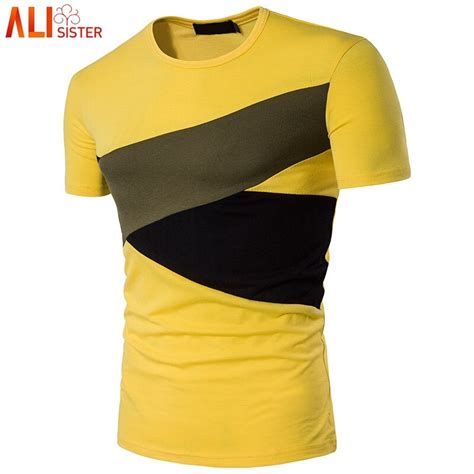 Mens T Shirts Fashion Contrast Color Patchwork Short Sleeve Slim Fit O Neck T Shirt Male
