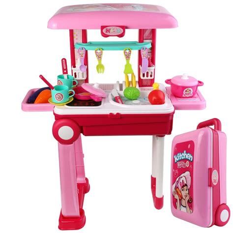 Kids Play Kitchen Set With Lights And Sounds 2 In 1 Portable Kitchen