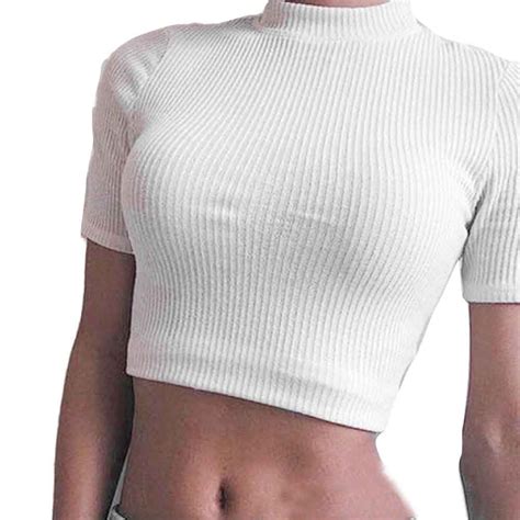 Women T Shirts Crop Tops Sexy Short Sleeve Turtleneck Skintight Tee Sh