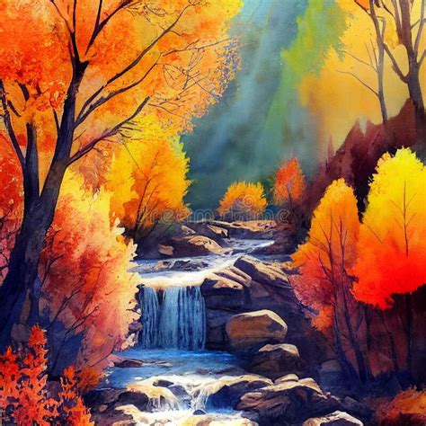 Hiking In The Autumn Mountains Watercolor Drawing Stock Illustration