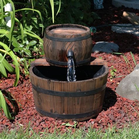 Sunnydaze Rustic Wooden Barrel Outdoor Garden Water Fountain 15 Inch