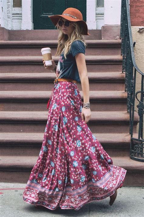 Street Style Belted Floral Maxi Skirt With Boho Floppy Hat Just A
