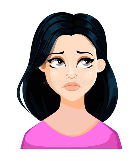 beautiful upset sad cartoon brunette girl with dark red hair portrait stock illustration