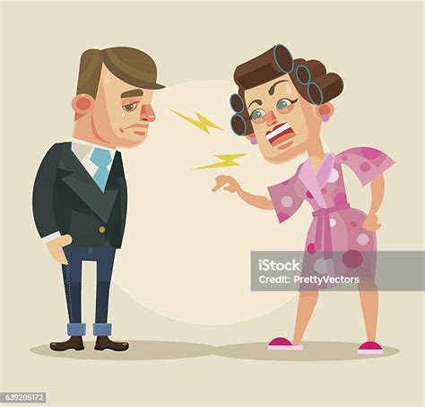 Angry Wife Character Yelling At Husband Vector Flat Cartoon Illustration Stok Vektör Sanatı