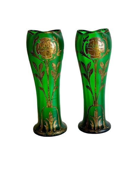 A Pair Of Art Nouveau Green Glass Vases Antiques From France
