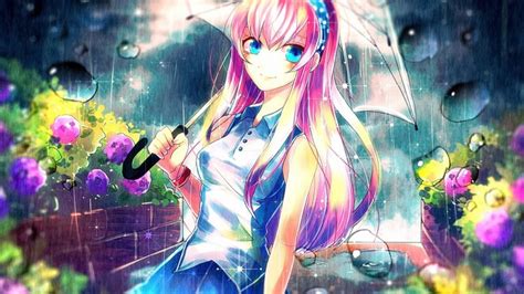 Anime Anime Girls Blue Eyes Umbrella Smiling Pink Hair Megurine