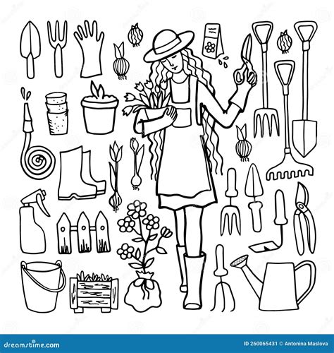 Woman Gardener And Gardening Tools Black And White Drawing In Doodle