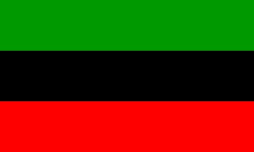 Three equal vertical bands of black (hoist side), red, and green, with the national emblem in white centered on the red band and slightly overlapping the other two bands; African-American flags (U.S.)