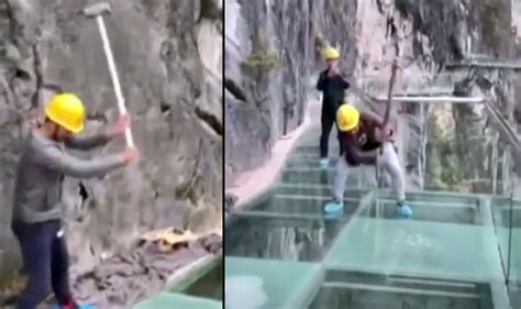 workers hit china s glass bridge with sledgehammer during safety checks video