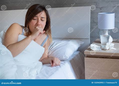 Sick Woman Coughing While Lying In Bed Stock Image Image Of Indoor