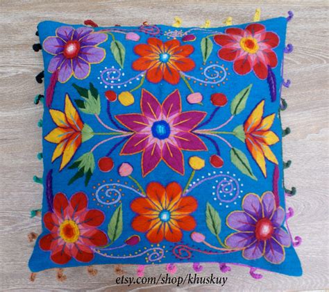 Peruvian Embroidered Pillow Cushion Cover Hand Flowers Sheep And Alpaca