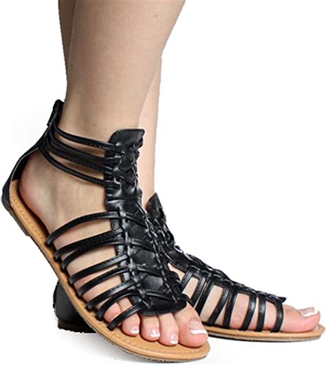 Black Gladiator Strappy Sandal Comfort Ladies Flat Shoes