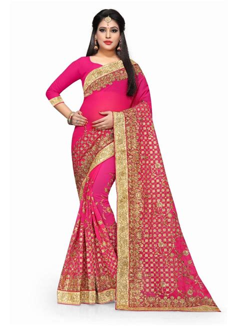 Rani Pink Embroidered Georgette Saree With Blouse Ankit Fashions 2800789