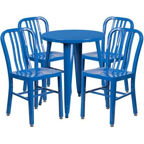 24 Round Blue Metal Indoor Outdoor Table Set With 4 Vertical Slat
