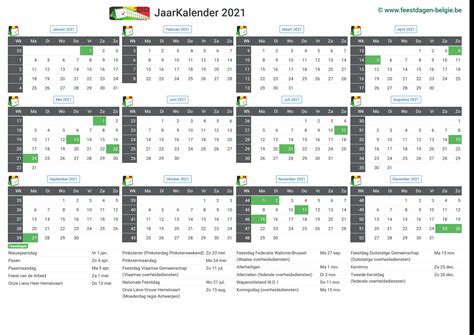 Kalender 2021 Jaarkalender Belgie Verlengde Weekends Feestdagen