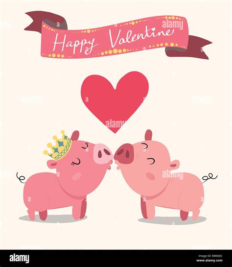 Cute Couple Pink Pigs Kissing Valentine Card Stock Vector Image And Art