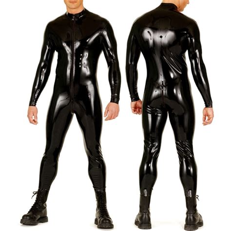 Front Zip Entry Jumpsuit Black Latex Mens Uniform Catsuit Latex Rubber