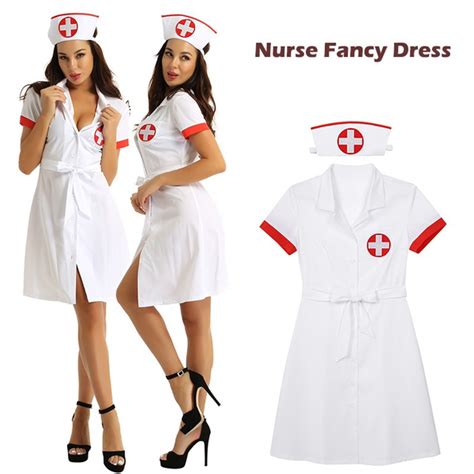 Women Adults Sexy Nurse Fancy Dress Costume Outfit Button Down Uniform Dresses Wish