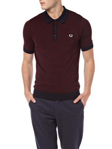 lyst fred perry knitted fine striped polo shirt in blue for men