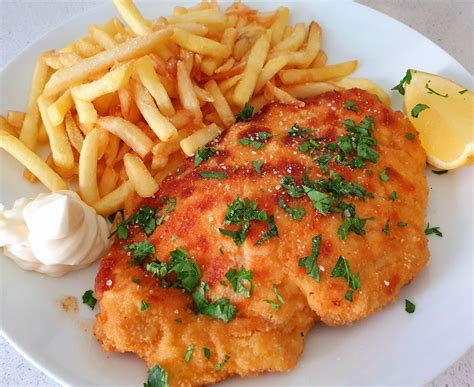 Chicken schnitzel is less common than its traditional veal and pork counterparts, but can still be used nonetheless. Homemade Chicken Schnitzel and Fries : food