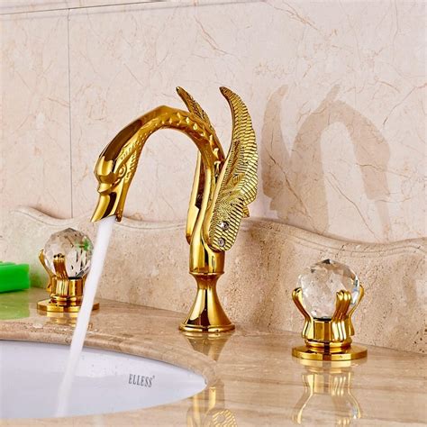 Luxury Brass Gold Polished Basin Faucet Bathroom Vessel Sink Tap Double Crystal Handles Mixer