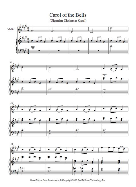 Purchase, download and print sheet music pdf file now! Carol of the Bells sheet music for Violin - 8notes.com