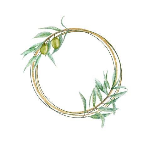 Premium Vector Watercolor Green Olive Wreath Gold Frame With Olives