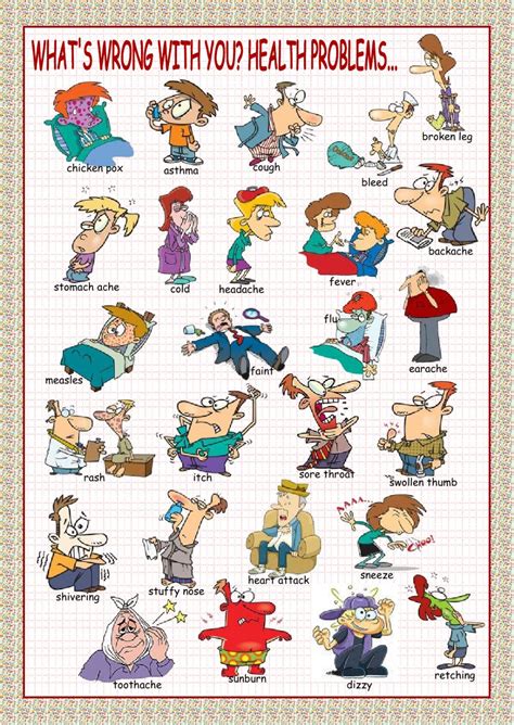Learn the vocabulary used for injuries ailments and symptoms using pictures. What's wrong with you? (Health problems) - Interactive ...