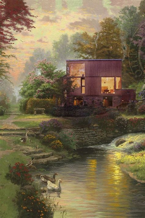 Thomas Kinkade Log Cabin Painting