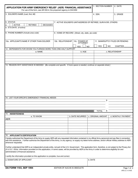 Download Da Form 1103 Application For Army Emergency Relief Pdf
