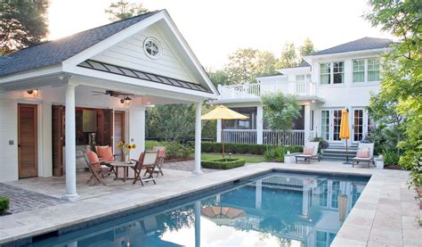 Floor plan offers a covered porch, recreation room, compact kitchen, full bath and storage area. Best Pool House Designs - Top Pool House Ideas | Gambrick