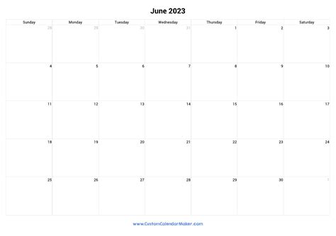 June 2023 Calendar Landscape With Large Boxes